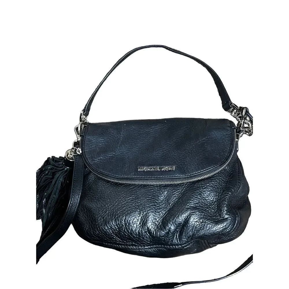 Michael Kors Bedford Tassel Black Pebbled Leather Crossbody Shoulder Bag Clutch